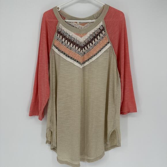 Free People Tops - We The Free Shirt Womens XL Tan Coral Crochet Yoke Raglan 3/4 Sleeve Boho Tunic